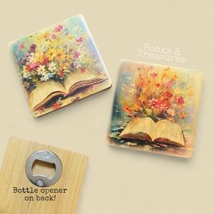 Floral Book Coasters with Bottle Opener Bamboo Wood